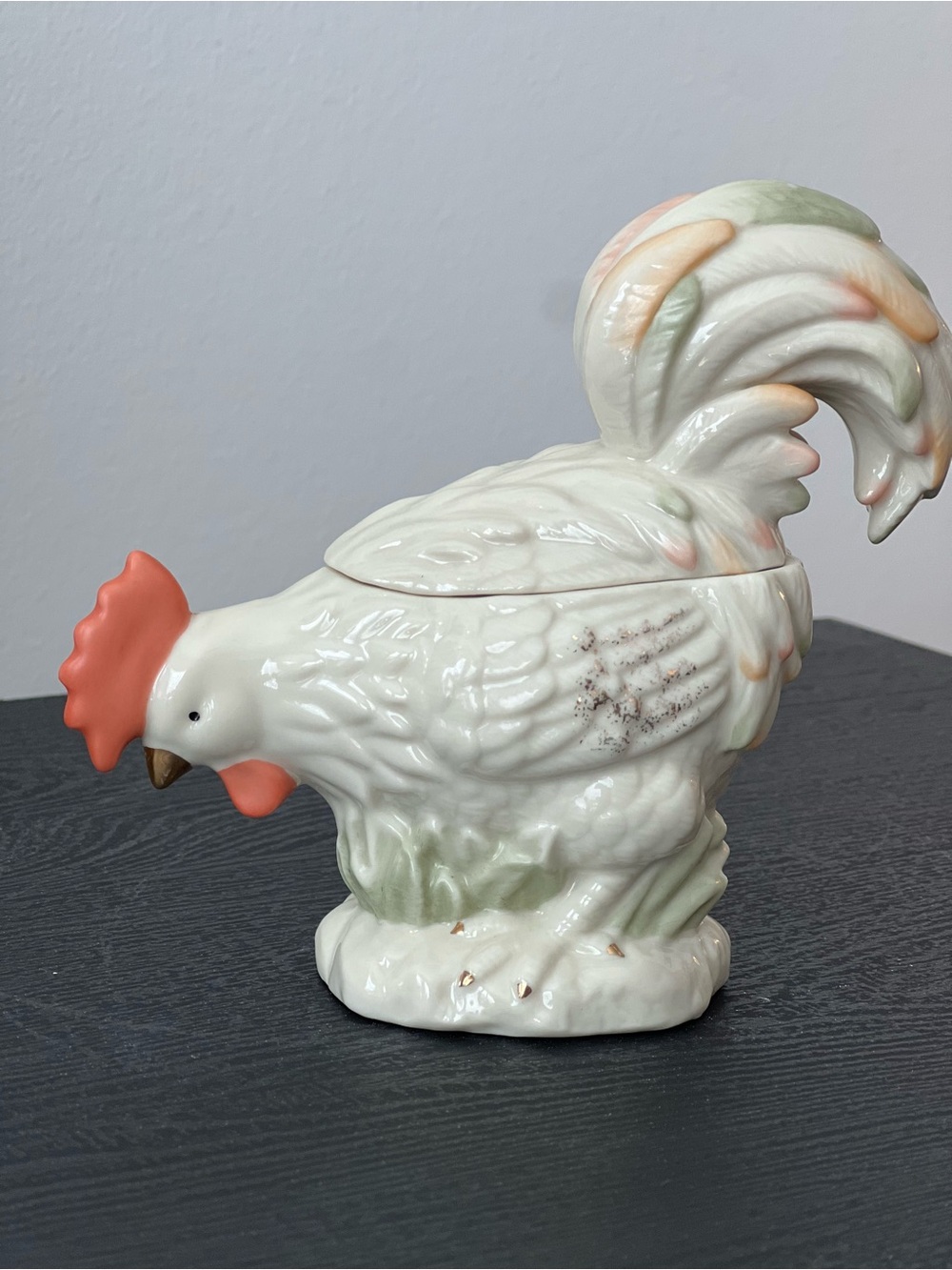 Lenox Ceramic Rooster Sugar Dish Rise ‘N’ Shine Coral, Gold Pale Green Accents